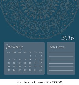 Mandala January 2016 calendar.  Round Ornament Pattern. Vintage decorative elements. Hand drawn background. Islam, Arabic, Indian, ottoman motifs.