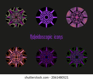 Mandala kaleidoscopic icons vector set. Isolated mandala colorful elements. Stain glass elements mandala symbols. Web icons, logo element template