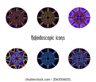 Mandala kaleidoscopic icons vector set. Isolated mandala colorful elements. Stain glass elements mandala symbols. Web icons, logo element template