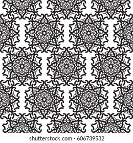 Mandala lace black seamless vector pattern. Abstract openwork surface background.