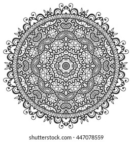 Mandala lace decoration, oriental pattern, isolated design element. Tribal ethnic floral mandala round ornament, doodle art. Vector black and white geometric background