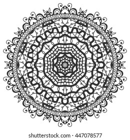 Mandala lace decoration, oriental pattern, isolated design element. Tribal ethnic floral mandala round ornament, doodle art. Vector black and white geometric background