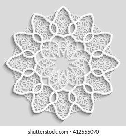 Mandala, lace paper doily, decorative flower, decorative snowflake,  embossed pattern, arabic ornament, indian ornament, 3D,  round element, vector