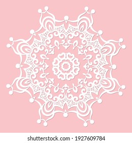 Mandala, lace paper doily, embossed pattern, 3D, round element. Paper cut out design, laser cut template. Vintage lace doily with border. Floral round napkin for your design.	
