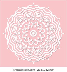 Mandala, lace paper doily, embossed pattern, 3D, round element. Paper cut out design, laser cut template. Vintage lace doily with border.  Floral round napkin for your design.