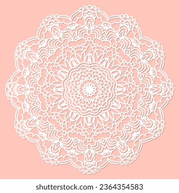 Mandala, lace paper doily, embossed pattern, 3D, round element. Paper cut out design, laser cut template. Vintage lace doily with border.  Floral round napkin for your design.