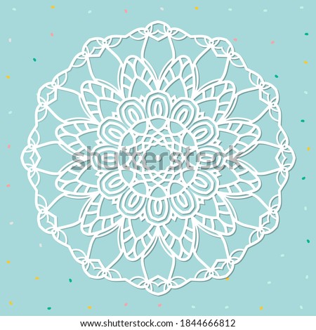 Mandala, lace paper doily, embossed pattern, 3D, round element. Paper cut out design, laser cut template. Vintage lace doily with border. Floral round napkin for your design.	