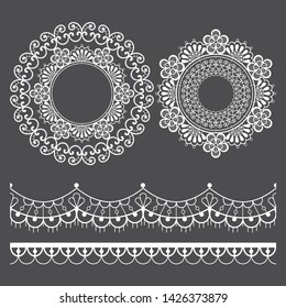 Mandala lace vector pattern and horizontal long lace design set, vintage round design with flowers and swirls in white on gray background. Beautiful retro lace backgrounds collection, retro decoration