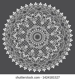 Mandala lace vector pattern, vintage round design with flowers and swirls in white on gray background. 
Beautiful retro lace background, retro textile decoration with repetitive graphics 