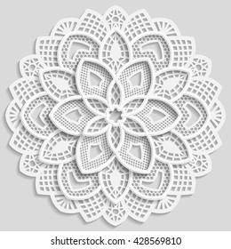 Mandala, papel de renda doily, flor decorativa, floco de neve decorativo, padrão em relevo, ornamento árabe, ornamento indiano, 3D, elemento redondo, vetor