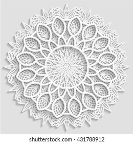 Mandala, lacy paper doily, decorative flower, decorative snowflake,  embossed pattern, arabic ornament, indian ornament, 3D,  round item,  vector