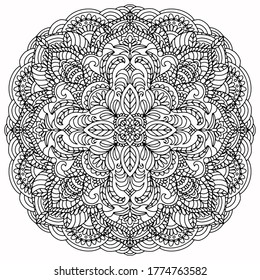 mandala with leaves and abstract flowers in folk style drawn on a white background for coloring, vector, isolated, mandala