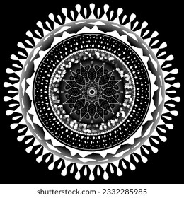 Mandala with leaves, clouds, rain and fire in white lines on black background.