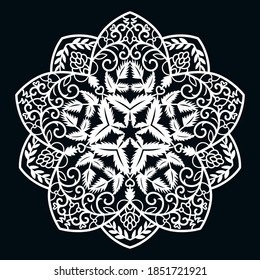 Mandala with leaves and curls. Can be used as a snowflake, coloring book for meditation, a template for cutting out, decorating objects and things.
