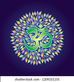 Mandala of leaves with the sign Aum / Om / Ohm in the middle. Color pattern on a dark blue background. Spiritual symbol. Symbol of ecology and environmental protection. Vector picture.