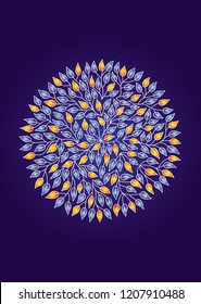 Mandala of leaves. Spiritual symbol. Colorful bright colors on a blue background. Vector graphic drawing.