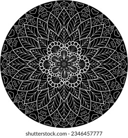 Mandala with leaves, whale tail and shamrocks in white lines and black background.