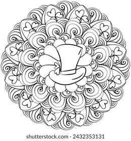 Mandala with leprechaun hat and coins, creative coloring page vector illustration with shamrock and doodle patterns