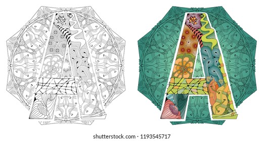 Mandala with letter A. Vector decorative zentangle
