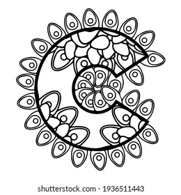 Mandala Letter C Monogram Doodle Font Coloring Book Page Printable Illustration
