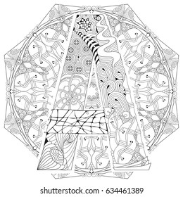 Mandala with letter A for coloring. Vector decorative zentangle 