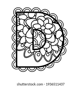 Mandala Letter D Monogram Doodle Font Coloring Book Page Printable Illustration