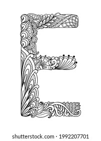 Mandala letter E monogram, adult coloring book, engraving design. Vector illustration.