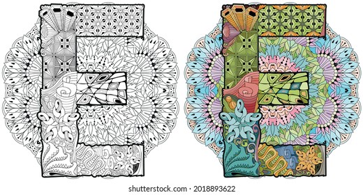 Mandala with letter E. Vector decorative zentangle object