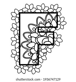 Mandala Letter F Monogram Doodle Font Coloring Book Page Printable Illustration