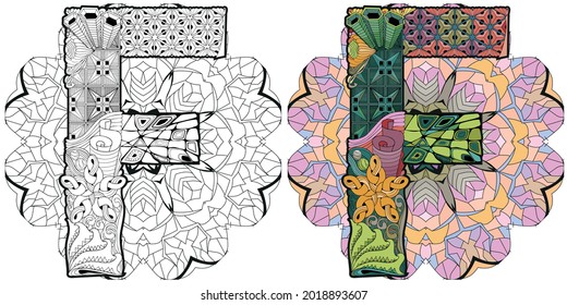 Mandala with letter F. Vector decorative zentangle object