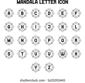 Mandala letter icon set. A-Z letter icon design on mandala frame.