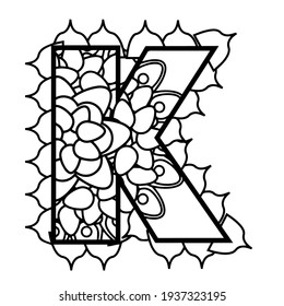 Mandala Letter K Monogram Doodle Font Coloring Book Page Printable Illustration