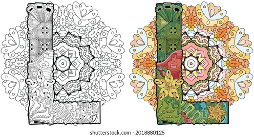 Mandala with letter L for coloring. Vector decorative zentangle. Colored and outline set