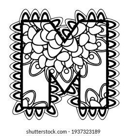 Mandala Letter M Monogram Doodle Font Coloring Book Page Printable Illustration