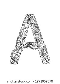 Mandala letter A monogram, adult coloring book, engraving design. Vector illustration.