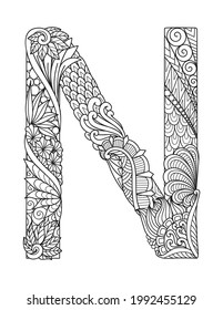 Mandala letter N monogram, adult coloring book, engraving design. Vector illustration.