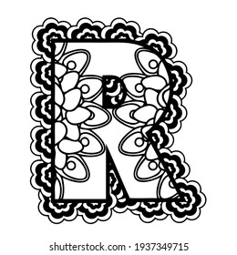 Mandala Letter R Monogram Doodle Font Coloring Book Page Printable Illustration