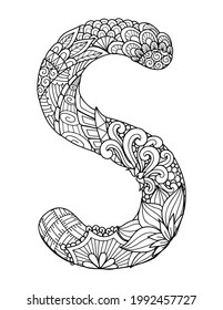 Mandala letter S monogram, adult coloring book, engraving design. Vector illustration.