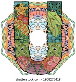 Mandala with letter U. Vector decorative zentangle object