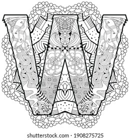 Mandala with letter W for coloring. Vector decorative zentangle