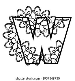 Mandala Letter W Monogram Doodle Font Coloring Book Page Printable Illustration