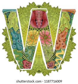Mandala with letter W. Vector decorative zentangle object