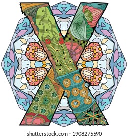 Mandala con la letra X. Objeto de zentángulo decorativo vectorial