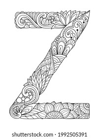 Mandala letter Z monogram, adult coloring book, engraving design. Vector illustration.