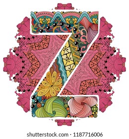 Mandala with letter Z. Vector decorative zentangle object