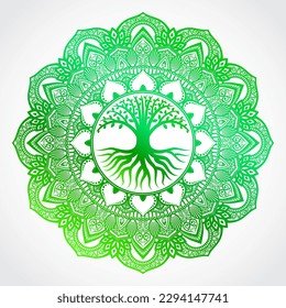 mandala with life tree green color ornamental symbol
