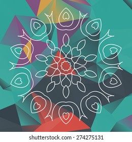 Mandala like design over triangles background. What is karma. Chakra design.