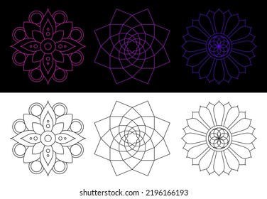 Mandala Line Art. Gradient Color And Vintage Monochrome Black And White Decorative Mandala Element For Coloring Books Page. Spiritual Meditation Mandala