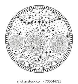 Mandala. Line background. Hand drawn lines. Hair texture. Monochrome wave pattern. Doodle for design. Illustration for coloring. Design for spiritual relaxation for adults. Black and white wallpaper