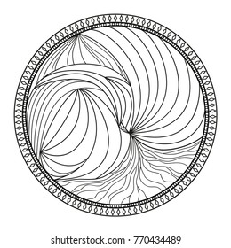 Mandala. Line background. Hand drawn lines. Hair texture. Monochrome wave pattern. Doodle for design. Illustration for coloring. Design for spiritual relaxation for adults. Black and white wallpaper